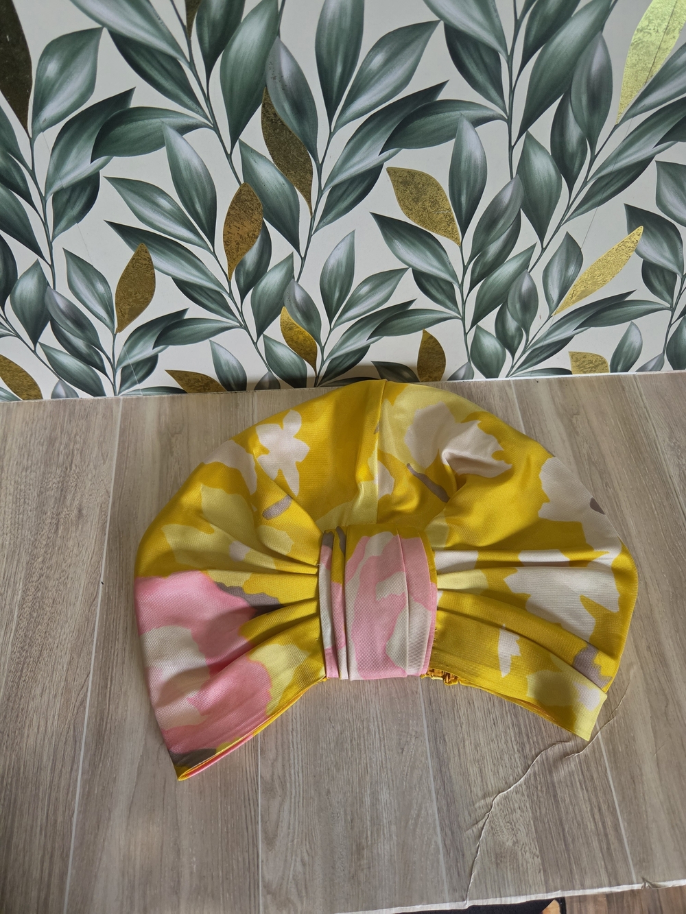 Vintage 60s 70s Mod Yellow Floral Gathered Turban Hat Headwrap Cap 8.25"